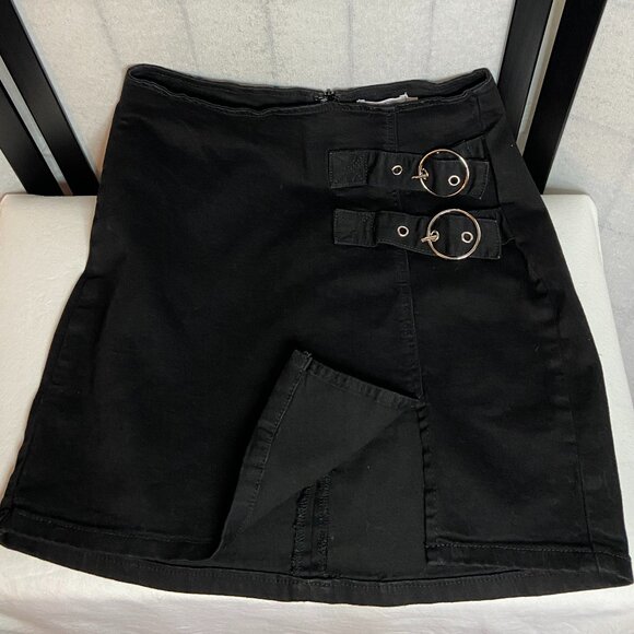 Windsor Denim Bodycon Stretchy Side Buckle & Slit Pencil Mini Skirt Black S - Picture 3 of 9